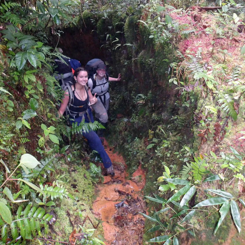 Two young women are hiking through a lush, green forest. They are both wearing backpacks and appear to be enjoying their adventure. The path they are on is narrow and muddy, and the surrounding vegetation is dense. The woman in the foreground is giving a thumbs-up, suggesting she is in good spirits. The scene conveys a sense of exploration and outdoor activity.